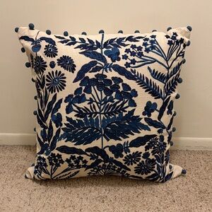 Floral Embroidered pillow with Blue Accents